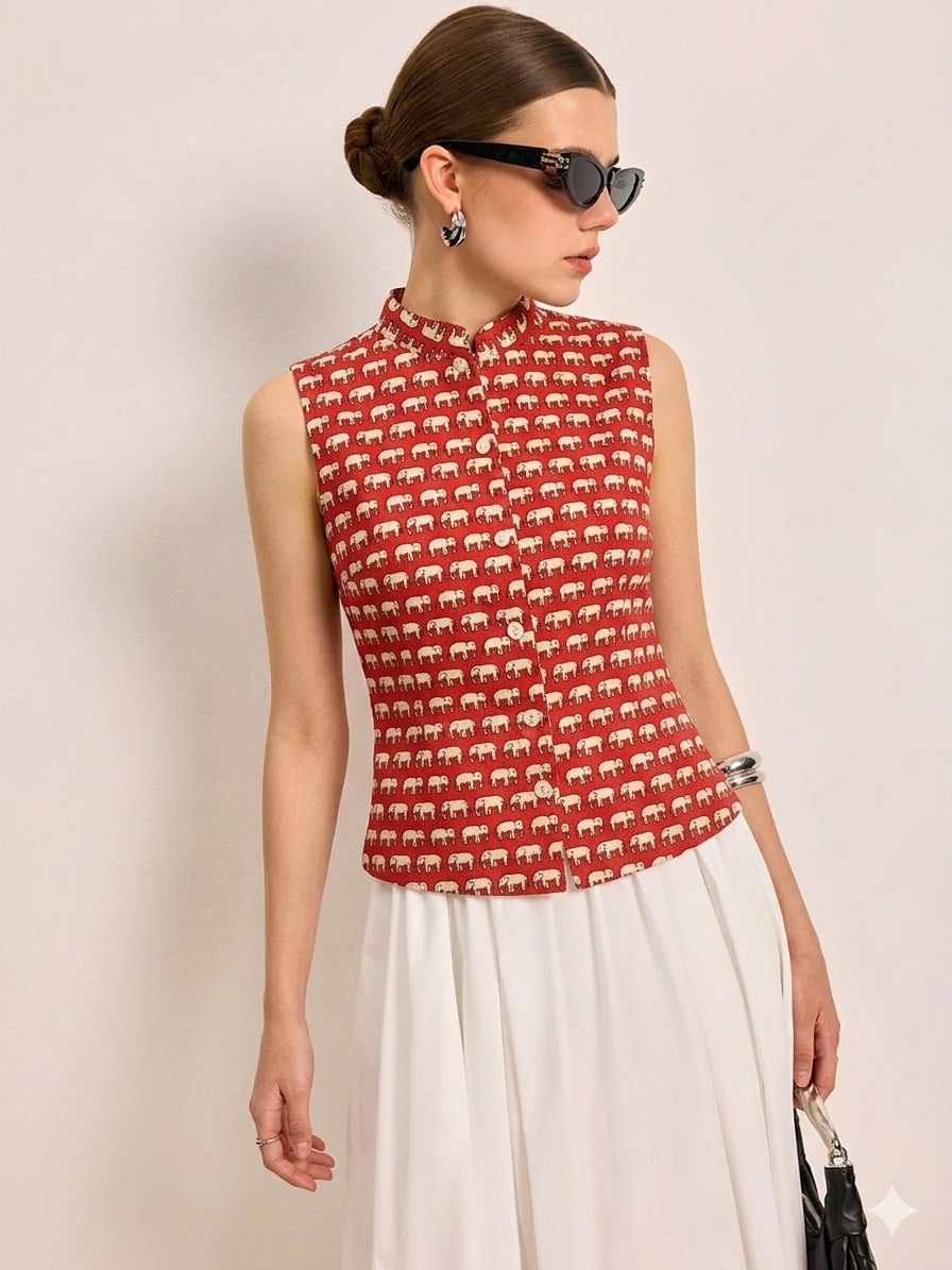 Coral Charm Waistcoat (red with cow-lotus pattern)