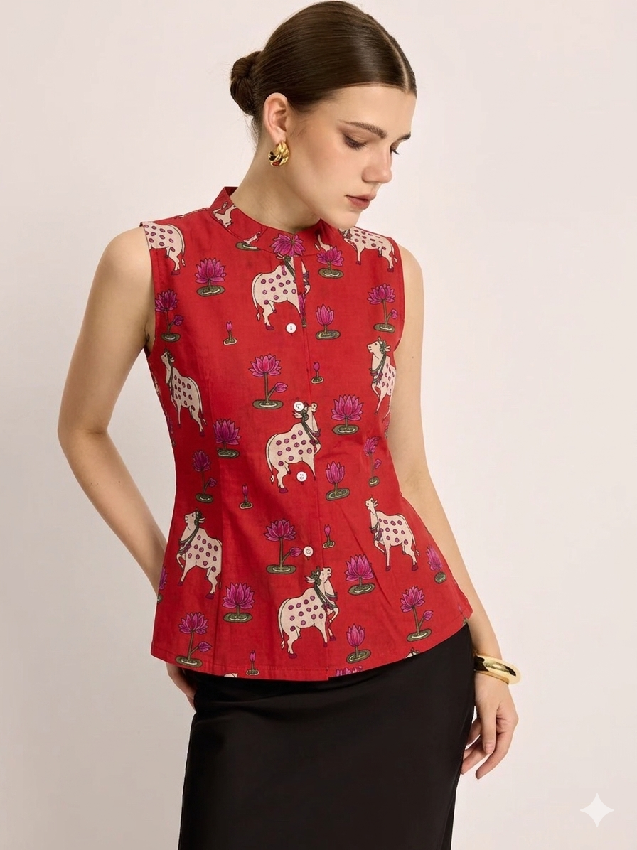 Scarlet Safari Waistcoat (red with elephant print)