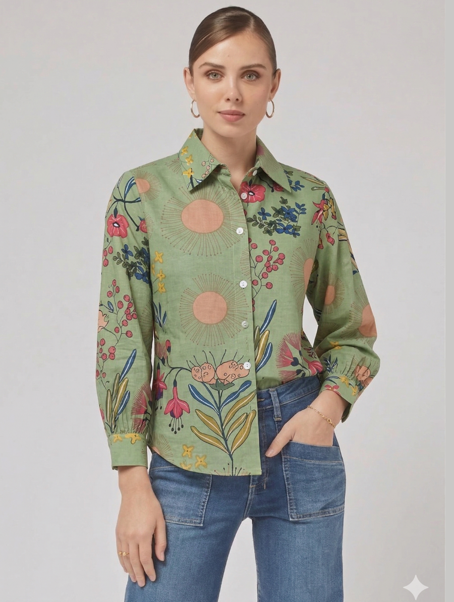 Green Sage Florals & Suns Shirt